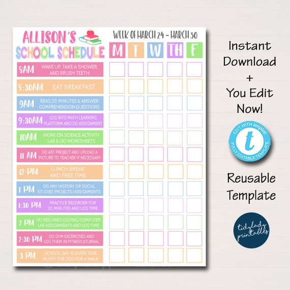 Home School Schedule, Daily Weekly Subject Checklist, Homework Organizer, Kids Student Calendar Planner Printable, Editable Template Il_570xn