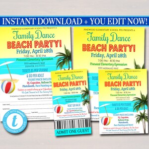 Beach Party School Dance Flyer, Hawaiian Tropical Luau Theme School Pto Pta Church Dance Flyer Invite Ticket Church Event, EDITABLE TEMPLATE