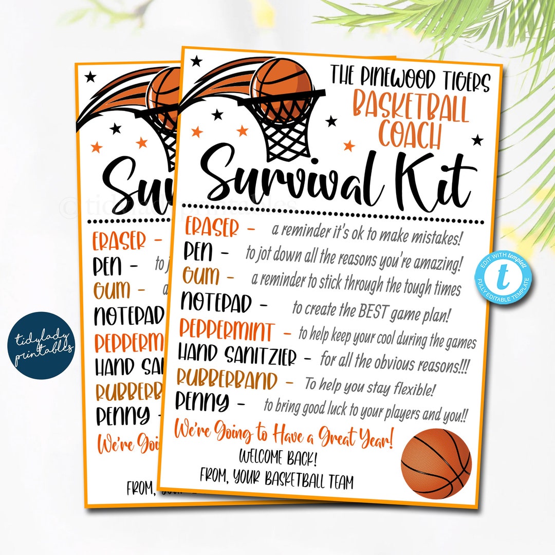 EDITABLE Basketball Coach Survival Kit Printable, Team Coach Gift, Thank You Coach Kids Sports