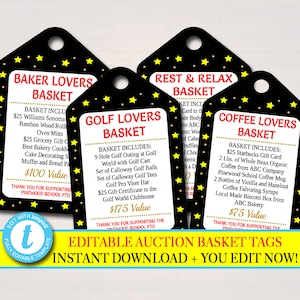 EDITABLE Auction Basket Tags, Fundraiser Digital Invite, Black Tie Gala, Silent Auction Labels, Church School Pto Pta Event INSTANT DOWNLOAD
