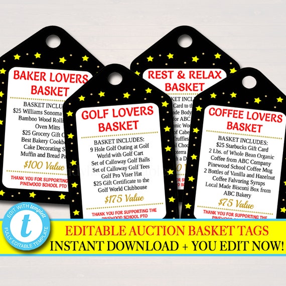 EDITABLE Auction Basket Tags, Fundraiser Digital Invite, Black Tie Gala, Silent Auction Labels, Church School Pto Pta Event INSTANT DOWNLOAD Il_570xn