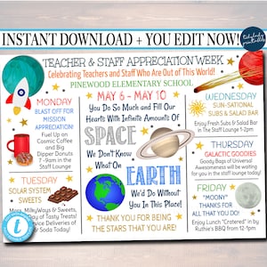 EDITIERBARE Weltraum-Thema-Lehrer-Anerkennungswoche Reiseplan Poster Digitaler Wochenplan-Events, SOFORTIGER DOWNLOAD pto pta Fundraiser Printables