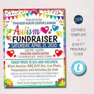 Autism Awareness Fundraiser Event Flyer, School Pto Community Fundraising Event, Charity Health Kids Benefit Family Day,  EDITABLE TEMPLATE