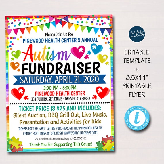 Autism Awareness Fundraiser Event Flyer, School Pto Community Fundraising Event, Charity Health Kids Benefit Family Day, EDITABLE TEMPLATE Il_570xn