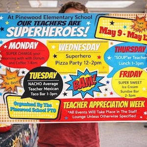 Affiche modifiable d'itinéraire de la semaine d'appréciation des enseignants sur le thème des super-héros, calendrier des événements de remerciement pour le personnel infirmier (fichier numérique)