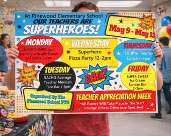 Editable Superhero Theme Teacher Appreciation Week Itinerary Poster, Employee Staff Nurse Thank You Schedule of Events (Digital File)