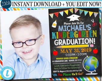May include: A colorful invitation for a kindergarten graduation party. The invitation features a photo of a young boy wearing glasses, a chalkboard background with the text "Michael's Kindergarten Graduation!" and the date "May 31, 2019".