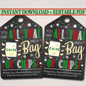 Christmas Chip Tags, Thank You Labels, Printable, INSTANT EDITABLE, Holiday Appreciation Gift Favor, PTA Pto Teacher Staff Nurse Employee image 1