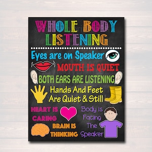 Classroom Decor, Whole Body Listening Poster, Kindergarten, Elementary Classroom Art, Educational Poster, Teacher Printable INSTANT DOWNLOAD