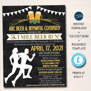 Beer Run Flyer Poster Printable Invitation, Community Brewery Small Business Fundraising Marketing Event, 1k 5k 10k Race, EDITABLE TEMPLATE