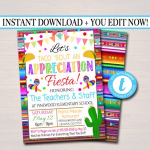 Editable Fiesta Invite Teacher Appreciation Staff Invitation Chalkboard Printable Appreciation Week Invite, Luncheon Flyer, INSTANT DOWNLOAD