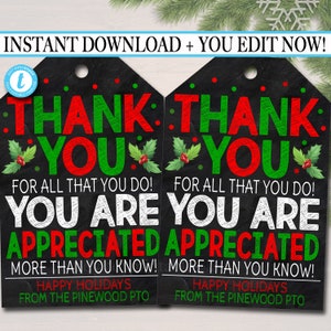 Christmas Thank You Gift Tags, Teacher Staff Employee Nurse Volunteer Staff, Holiday Appreciation Gift, School pto pta, Editable Template