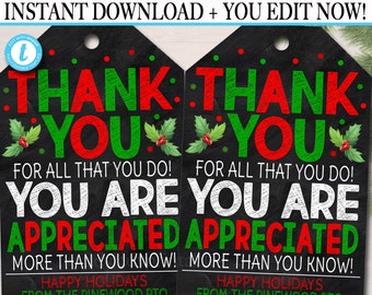 Christmas Thank You Gift Tags, Teacher Staff Employee Nurse Volunteer Staff, Holiday Appreciation Gift, School pto pta, Editable Template