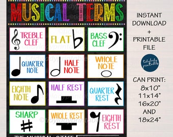 May include: A colorful printable poster with musical terms and symbols. The poster features a treble clef, bass clef, quarter note, half note, whole note, eighth note, half rest, quarter rest, whole rest, eighth rest, sharp, and the musical staff. The poster is designed for music education and can be printed in various sizes, including 8x10 inches, 11x14 inches, 16x20 inches, and 18x24 inches.