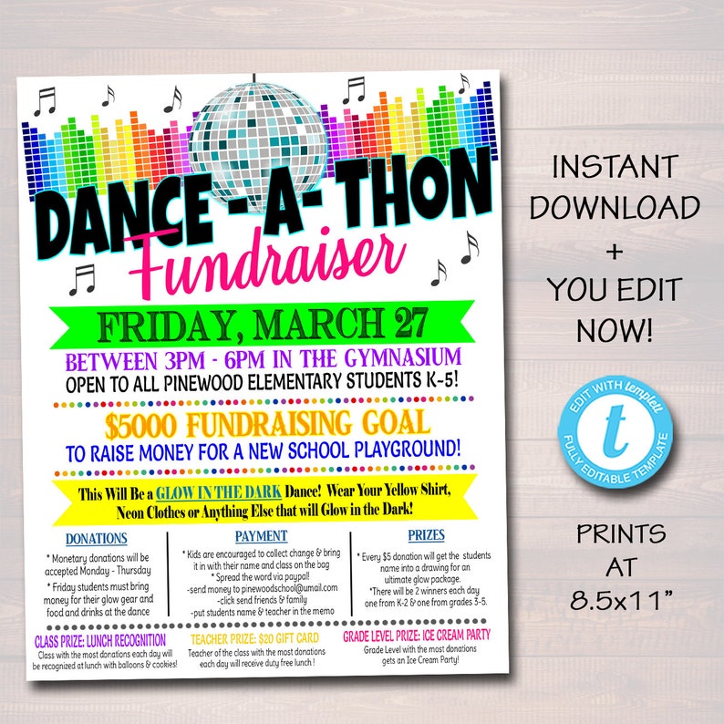 Dance-a-Thon Fundraiser Flyer, Printable School pto pta, Church Music Dance Fundraiser Event, Printable Digital Invite, EDITABLE TEMPLATE image 1