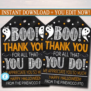 Halloween Gift Tags, Halloween Appreciation Favor Tags, Boo Thanks for All You Do! Teacher Staff Employee School Pto, DIY Editable Template