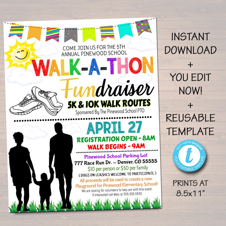 May include: A colorful flyer for a 5K and 10K walk-a-thon fundraiser for Pinewood School. The flyer features a smiling sun, two pairs of running shoes, and a family of three silhouettes. The event is scheduled for April 27th, with registration opening at 8:00 AM and the walk beginning at 9:00 AM. The flyer also includes the address and contact information for the school.