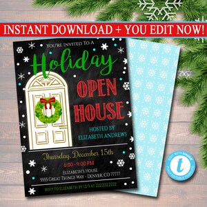 BEWERKBARE vakantie Open Huis uitnodiging voor feest, kerstfeest uitnodigen, vakantie Cocktail Party digitale schoolbord uitnodiging, INSTANT DOWNLOAD