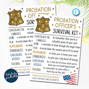 Bewährtungsoffizier Survival Kit Tags, einzigartiges Geschenk Geschenk lustiges Cop Geburtstags Andenken druckbar, Detektiv Strafverfolgungsvollzug, bearbeitbare Vorlage
