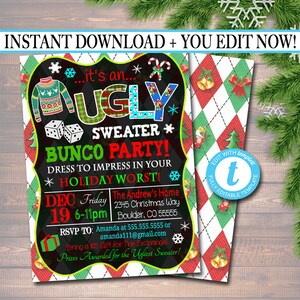 Invito alla festa di brutto maglione modificabile Bunco, invito alla festa di Natale, invito peggiore per le vacanze, festa di Natale per adulti, invito al brutto maglione per le vacanze