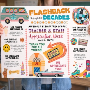 May include: A colorful poster for Pinewood Elementary School's Teacher & Staff Appreciation Week, themed "Flashback Through the Decades." The poster features retro illustrations of a bus, diner, and other nostalgic elements, with event details.