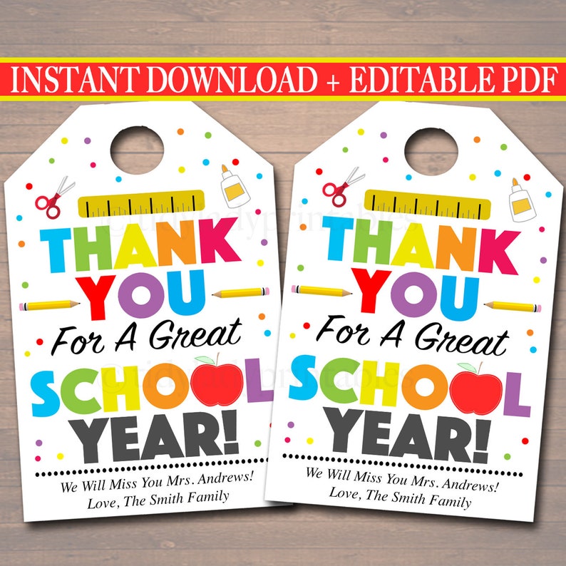 Editable Teacher Thank You Tags: End of School Year (instant Download ...