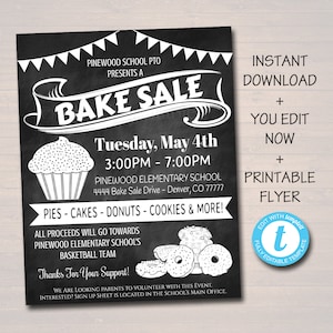 EDITABLE Bake Sale Flyer, Printable PTA, PTO Flyer, School Family Fundraiser Event, Bakery Restaurant, Church Printable Digital Invitation image 1