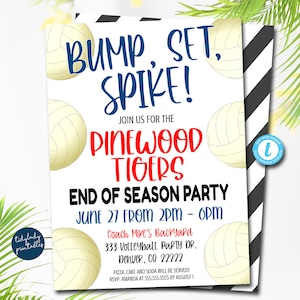 Volleyball Invitation, End of Season, Bump Set Spike, Editable volleyball team party, Girl Sports digital Invitation, Printable DIY TEMPLATE