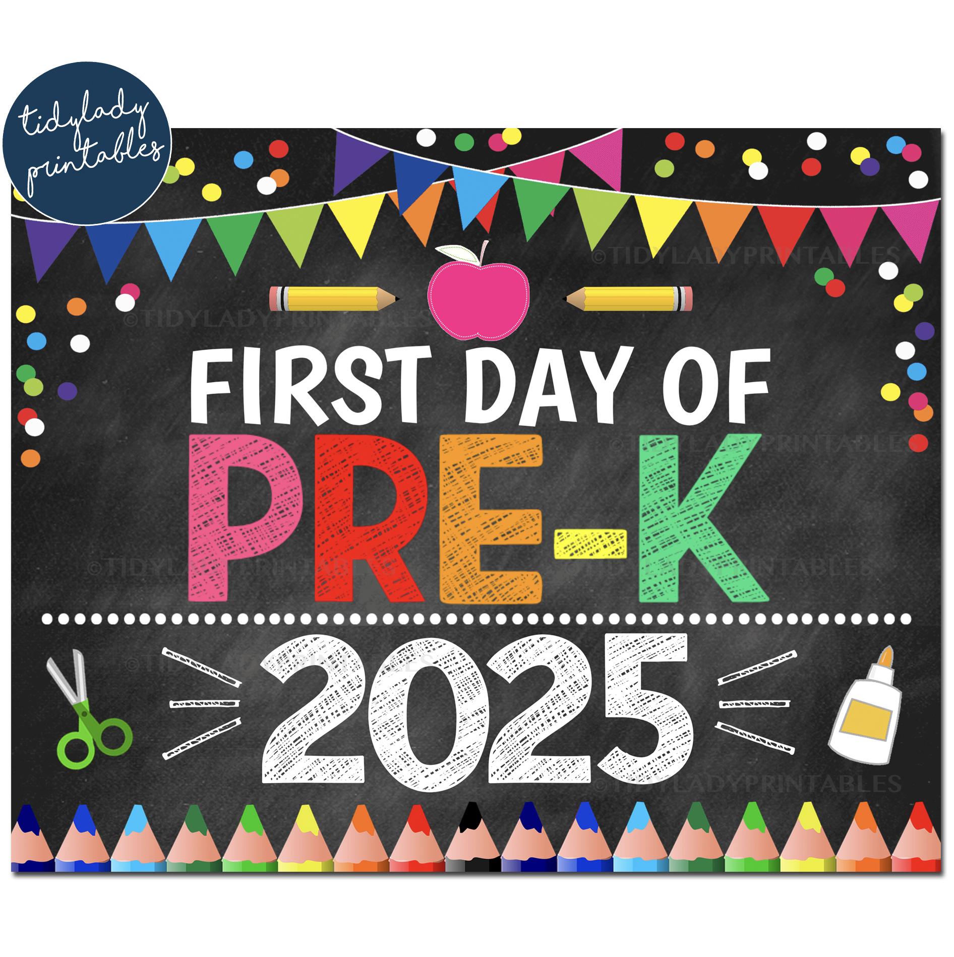 First Day of PRE-K 2025, Printable Back to School Chalkboard Sign, Rainbow Colors Girl Banner Confetti Digital Instant Download