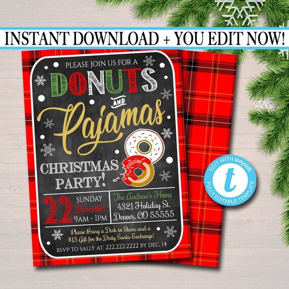 EDITABLE Donuts and Pajamas Xmas Party Invitation, Christmas Party Invite, Holiday Brunch Party Digital Plaid Invitation, INSTANT DOWNLOAD Il_570xn