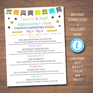EDITABLE Teacher Appreciation Week Itinerary Poster, Digital File, Appreciation Week Schedule Events, INSTANT DOWNLOAD Fundraiser Printables