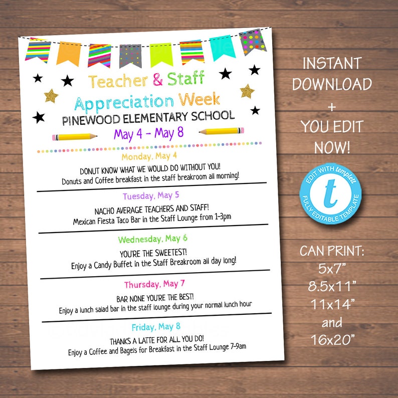 EDITABLE Teacher Appreciation Week Itinerary Poster Digital Etsy