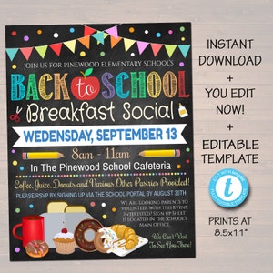 Back to School Breakfast Social Flyer PTO PTA Fundraiser Invite Meet the Teacher Staff Breakfast Invitation Printable Download Editable