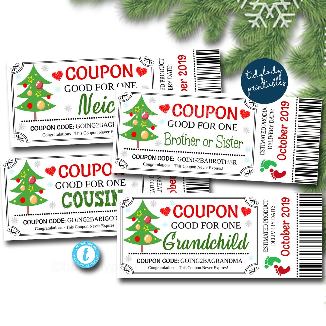 EDITABLE Christmas Pregnancy Announcement Coupons, Holiday Printable Coupons, Good for One