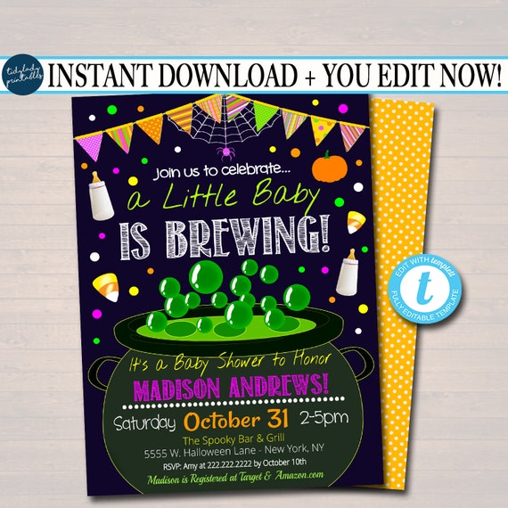 Halloween Baby Shower Invite, A Baby is Brewing Party Invitation, Halloween Gender Reveal Witch Cauldron Bubbling Over, EDITABLE TEMPLATE Il_570xn