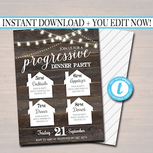 Op de afbeelding: Bewerkbare sjabloon voor een progressieve dinerparty-uitnodiging. De uitnodiging heeft een rustieke houten achtergrond met lichtslingers en witte silhouetten van huizen. De tekst luidt "Join us for a progressive dinner party" met tijden en locaties voor elke gang. RSVP-informatie staat onderaan.