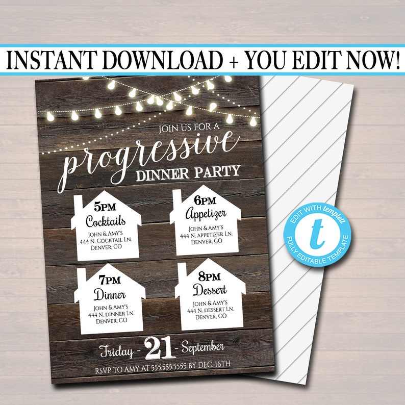 Rustic Progressive Dinner Party Invitation Editable Wood Design Digital Download
