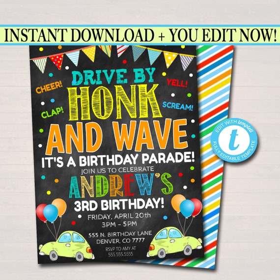 Drive By Birthday Parade Invitation, Virtual Birthday Party Invitation, Digital Kids Friend Party Invite, INSTANT DOWNLOAD Editable Template Il_570xn