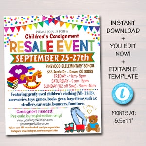 May include: A colourful flyer advertising a Children's Consignment Resale Event at Pinewood Elementary School in Denver, Colorado. The event will take place from 25th to 27th September and features gently used children's clothing, accessories, toys, games, books, gear, and large items such as strollers, car seats, bouncers, and furniture. The flyer includes contact information and social media links for the organisation.