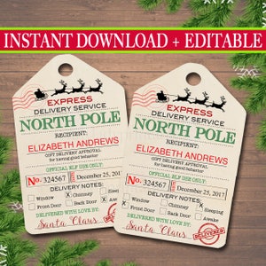 Etiquetas EDITÁVEIS de entrega do Pólo Norte, etiquetas de presente do Papai Noel, lista legal do Papai Noel, modelo de etiquetas para presentes de feriado, etiquetas de entrega de elfos, DOWNLOAD INSTANTÂNEO