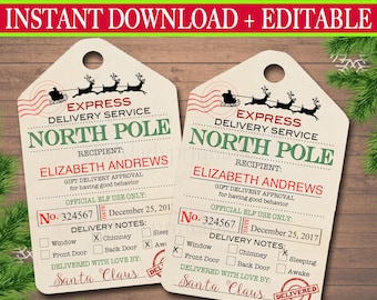 EDITABLE North Pole Delivery Tags, Santa Gift Tags, Santa&#39;s Nice List, Holiday Gift Labels Template, Elf Delivery Tags, INSTANT DOWNLOAD