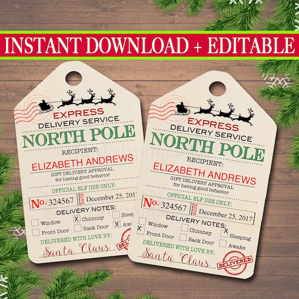 EDITABLE North Pole Delivery Tags, Santa Gift Tags, Santa's Nice List, Holiday Gift Labels Template, Elf Delivery Tags, INSTANT DOWNLOAD