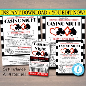 EDITABLE Casino Night Flyer Ticket Set School Event Party Invitation, Family Night, Church Community Bingo Poker, pto, pta, INSTANT DOWNLOAD