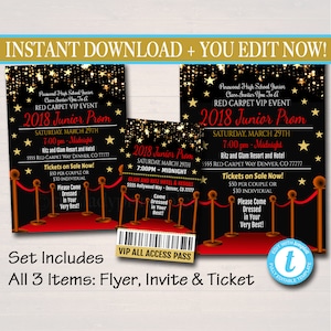EDITIERBARE Abschlussball-Set, Schultanz-Flyer-Einladung, Ticket Hollywood Red Carpet Under The Stars High School Event, pto, pta INSTANT DOWNLOAD