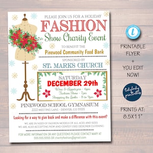Volantino per sfilata di moda natalizia EDITABLE, invito alla sfilata di boutique di Natale per la scuola PTO PTA, evento di beneficenza, chiesa comunitaria stampabile