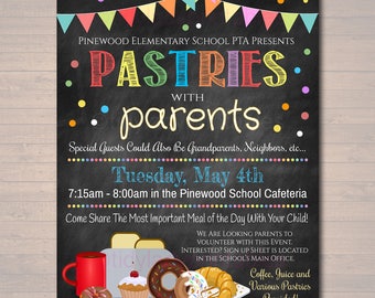 May include: A chalkboard sign with colorful bunting and confetti announcing a "Pastries with Parents" event at Pinewood Elementary School PTA. The event will be held on Tuesday, May 4th from 7:15am to 8:00am in the school cafeteria. The sign also includes a call to action for parents to volunteer and a list of refreshments that will be provided.