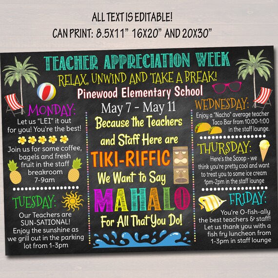 EDITABLE Beach Theme Teacher Appreciation Week Itinerary Poster.
