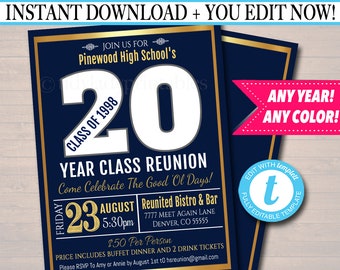 May include: A blue and gold printable invitation for a 20 year high school class reunion. The invitation includes the date, time, location, and price. It also says "Join us for Pinewood High School's Class of 1998 20 Year Class Reunion. Come Celebrate The Good Ol' Days!"