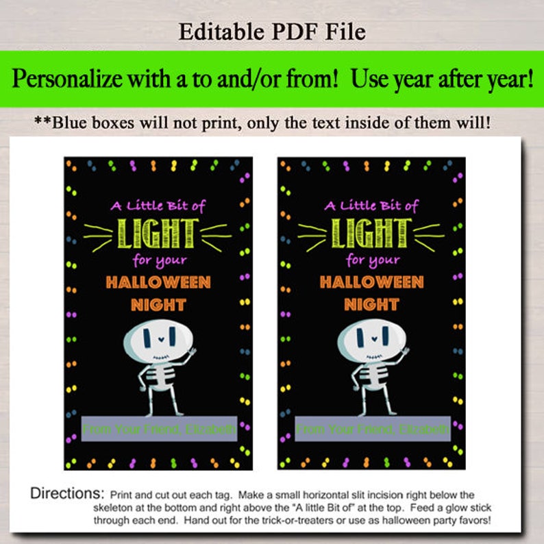 May include: Two printable Halloween treat bag tags featuring a skeleton holding a lightbulb with the text "A Little Bit of Light for your Halloween Night".