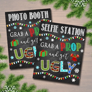 Christmas Photo Booth Signs, Ugly Sweater Selfie Station Grab a Prop Christmas Decor, Printable Holiday Ugly Sweater Party, INSTANT DOWNLOAD